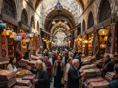 Vibrant Grand Bazaar Market in Istanbul with Traditional Rugs and Lanterns