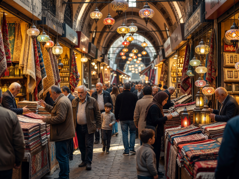Vibrant Grand Bazaar with Colorful Rugs and Lanterns