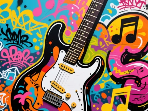 Vibrant Guitar Graffiti with Musical Notes