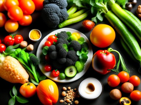Vibrant Healthy Vegetables and Fruits Spread on Black Surface