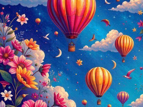 Vibrant Hot Air Balloons and Blossoming Flowers in a Dreamy Sky