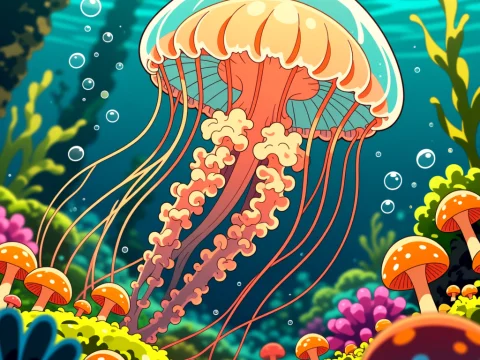 Vibrant Jellyfish Among Colorful Underwater Mushrooms