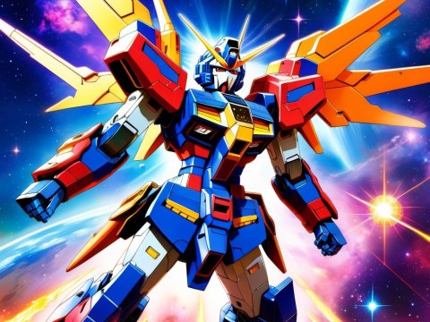Vibrant Mecha Robot in Cosmic Space Battle