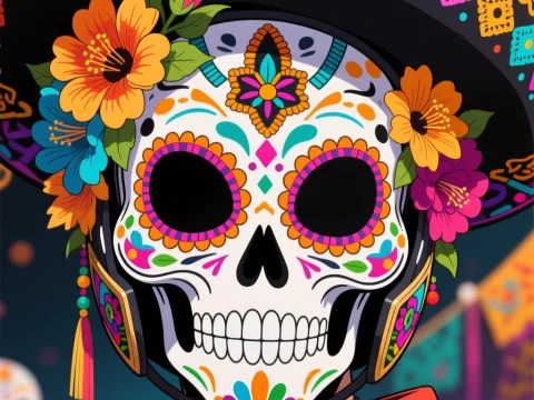 Vibrant Mexican Sugar Skull Mask with Floral Decorations