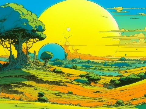 Vibrant Midday Sun Landscape with Surreal Trees