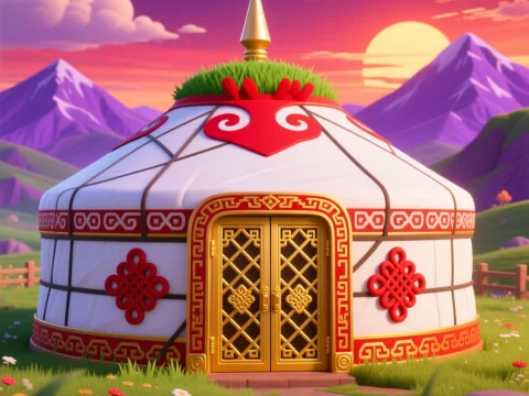 Vibrant Mongolian Yurt at Sunset in Stylized Landscape