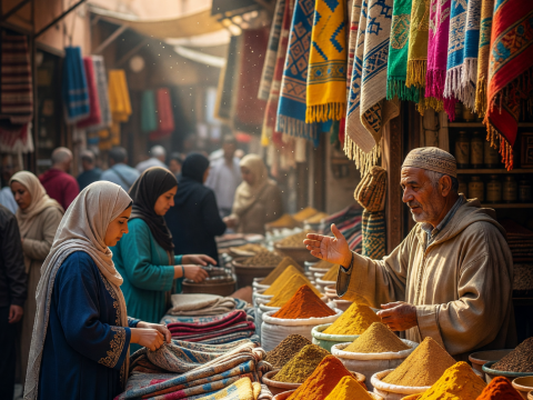 Vibrant Moroccan Bazaar with Spices and Textiles