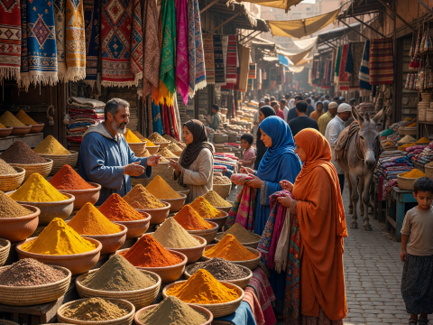 Vibrant Moroccan Market with Colorful Spices and Textiles