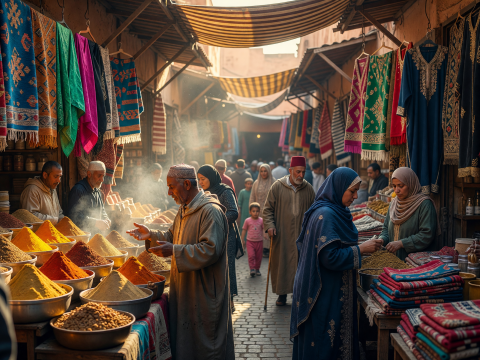 Vibrant Moroccan Market with Spices and Textiles
