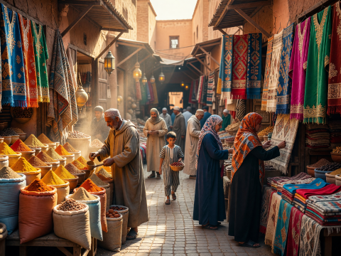Vibrant Moroccan Market with Spices and Traditional Textiles