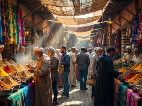 Vibrant Moroccan Souk with Colorful Spices and Textiles
