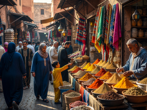 Vibrant Moroccan Souk with Colorful Spices and Textiles