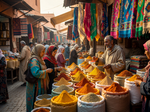 Vibrant Moroccan Souk with Colorful Spices and Textiles