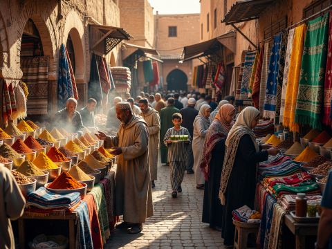 Vibrant Moroccan Souk with Colorful Spices and Textiles