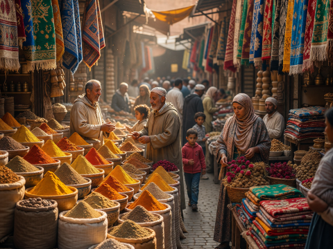 Vibrant Moroccan Souk with Spices and Textiles