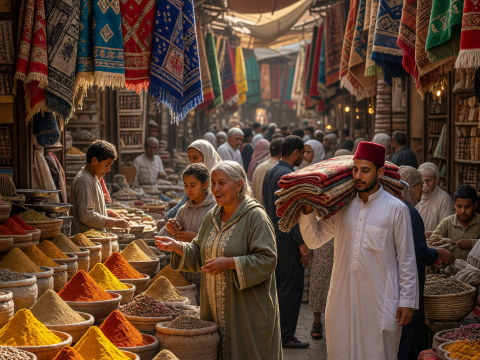 Vibrant Moroccan Souk with Spices and Textiles
