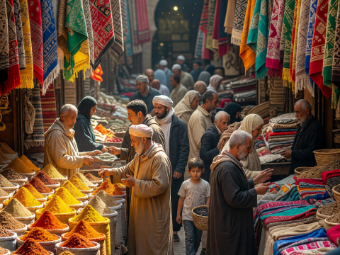 Vibrant Moroccan Souk with Spices and Textiles