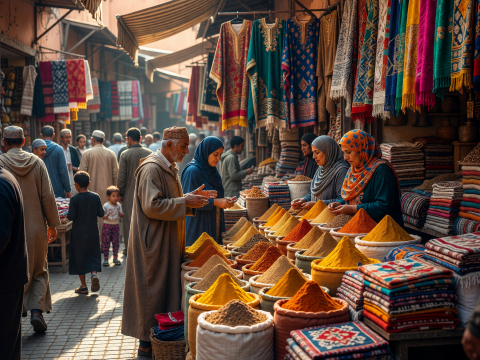 Vibrant Moroccan Souk with Spices and Traditional Textiles