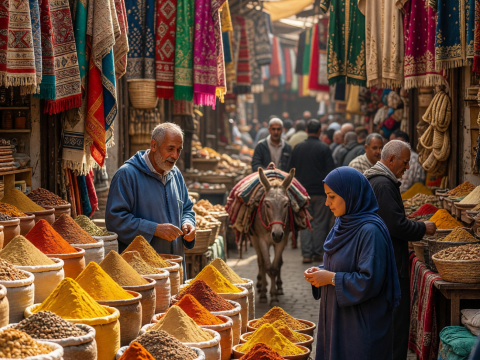 Vibrant Moroccan Spice Bazaar with Colorful Textiles