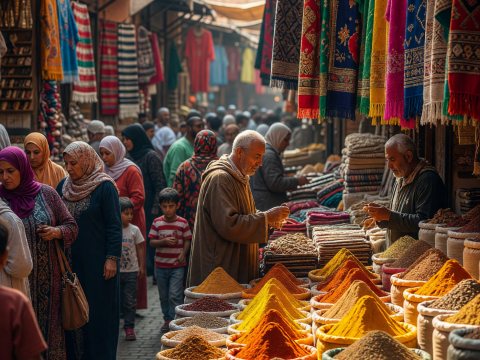 Vibrant Moroccan Spice Bazaar with Colorful Textiles
