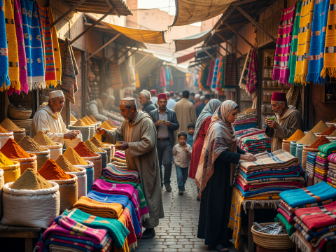 Vibrant Moroccan Spice Market with Colorful Textiles