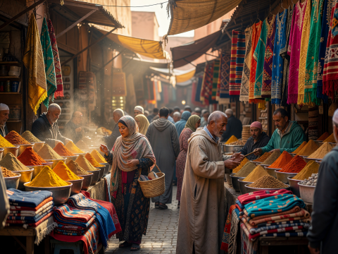 Vibrant Moroccan Spice Market with Colorful Textiles