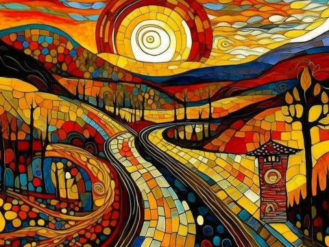 Vibrant Mosaic Landscape with Winding Road and Radiant Sun