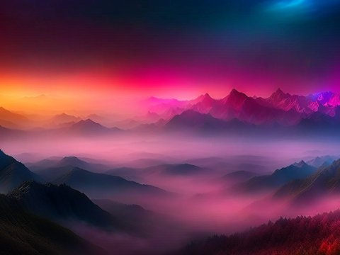 Vibrant Mountain Panorama with Colorful Fog at Sunset