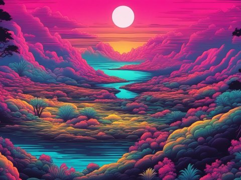 Vibrant Mythical Landscape at Sunset in 80s Comic Style