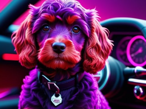 Vibrant Neon Dog Sitting in Car Interior