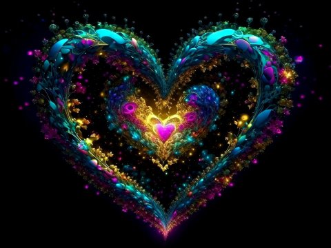 Vibrant Neon Fractal Heart in Abstract Digital Art