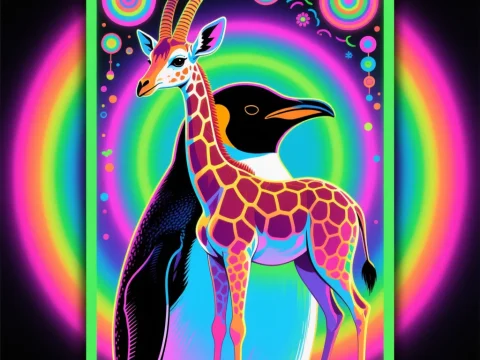 Vibrant Neon Hybrid of Penguin and Gazelle