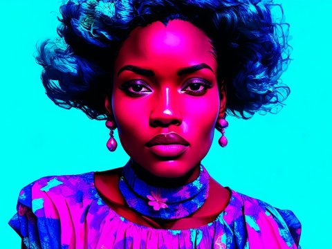 Vibrant Neon Portrait of a Woman with Blue Hair