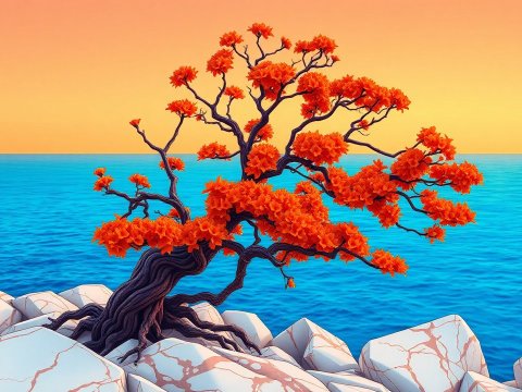 Vibrant Orange Flowered Tree by the Ocean at Sunset