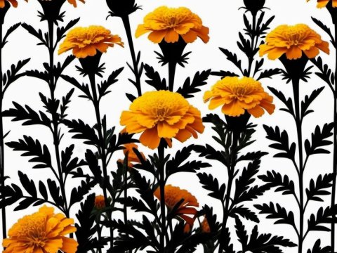 Vibrant Orange Marigold Flowers with Dark Silhouetted Leaves