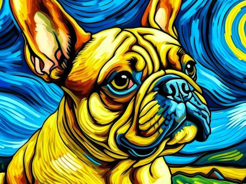 Vibrant Painting of a French Bulldog in Starry Night Style