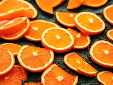 Vibrant Photorealistic Orange Slices on Dark Surface