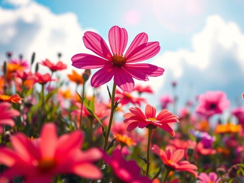 Vibrant Pink Flowers in a Sunny Field