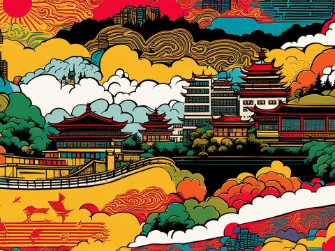 Vibrant Pop Art Landscape with Traditional Asian Architecture
