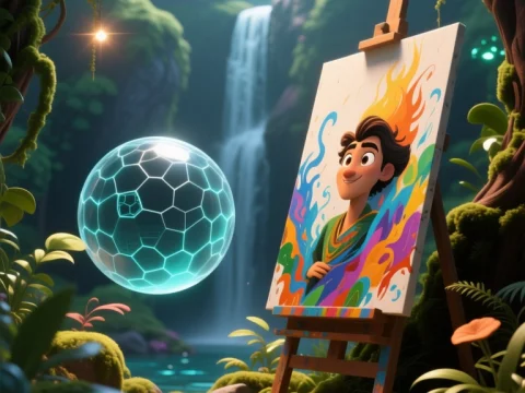 Vibrant Portrait Painting in Enchanted Forest with Futuristic Orb