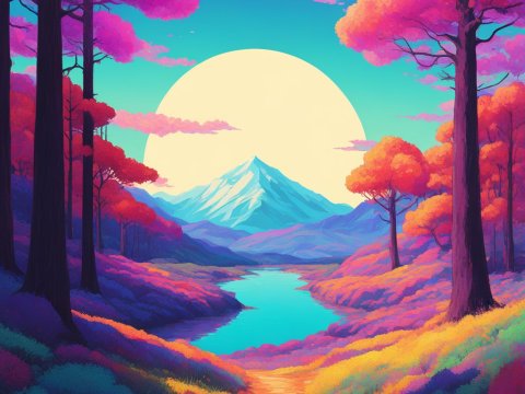 Vibrant Psychedelic Landscape with Mountain and River