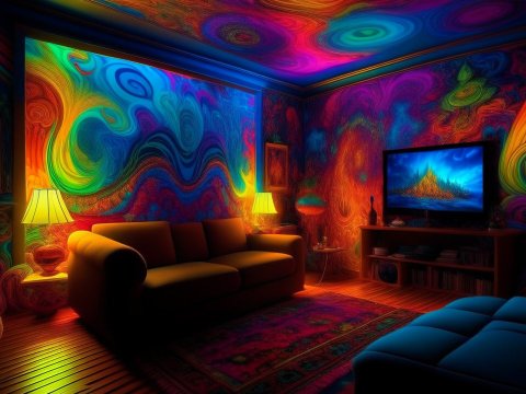 Vibrant Psychedelic Living Room with Swirling Colors