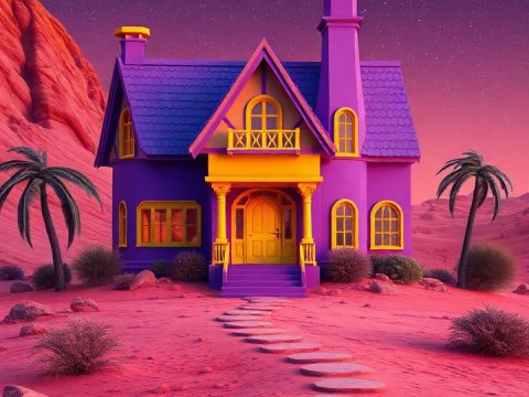 Vibrant Purple House Under a Full Moon in a Desert Landscape