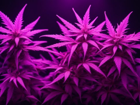 Vibrant Purple Marijuana Plants Under Dramatic Lighting