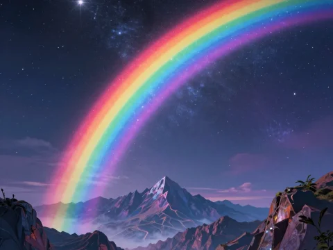 Vibrant Rainbow Arching Over Mystical Mountain Landscape