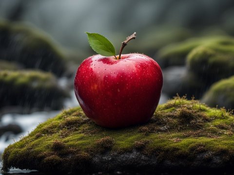 Vibrant Red Apple on Mossy Rock in Rainy Forest