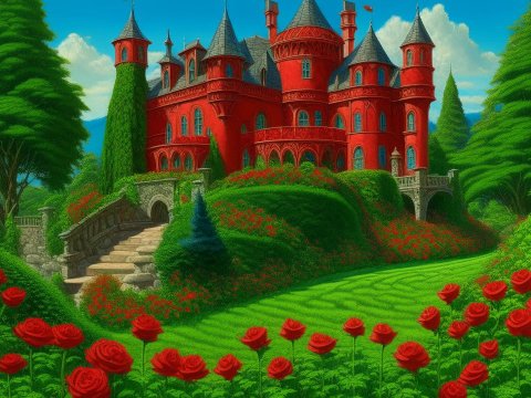 Vibrant Red Castle Surrounded by Lush Gardens and Roses