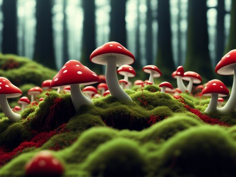 Vibrant Red Mushrooms Growing on Mossy Forest Floor