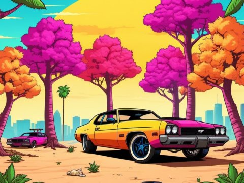 Vibrant Retro Cars in a Colorful Fantasy Landscape