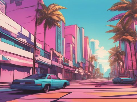 Vibrant Retro City Street with Palm Trees and Classic Cars